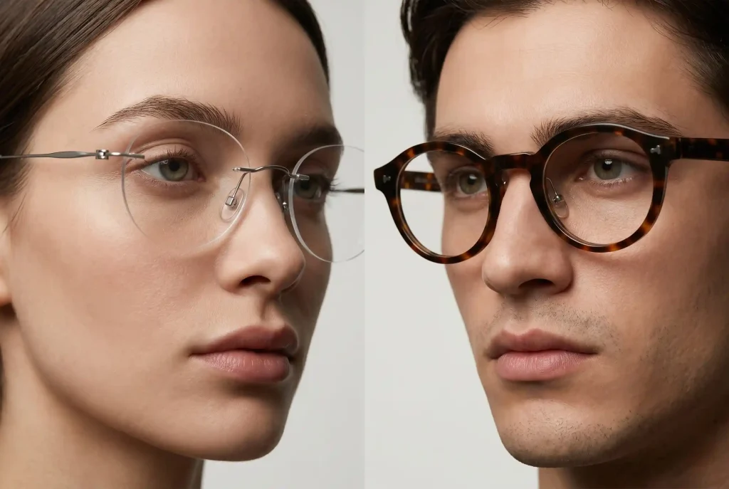 Okulary lenonki i okrągłe okulary korekcyjne – komu pasują i do jakiego kształtu twarzy dobrać okrągłe oprawki? Zbliżenie na precyzyjną konstrukcję okularów lenonki, ukazujące kontrast między minimalistyczną, bezramkową oprawką tytanową a odważną, grubą ramką z acetatu, ilustrujące ich różnorodną strukturę i materiały.