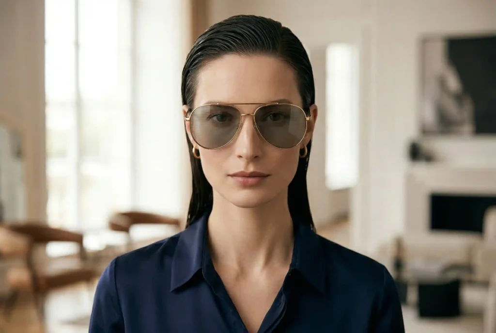 Poradnik: Jak dobrać okulary do kształtu twarzy? Najlepsze oprawki do twarzy pociągłej, trójkątnej i innych typów Elegancka modelka o pociągłej twarzy nosi duże okulary pilotki z podwójnym mostkiem, idealnie ilustrując, jak dobrać okulary dla tego kształtu i optycznie dodać szerokości na poziomie kości policzkowych.