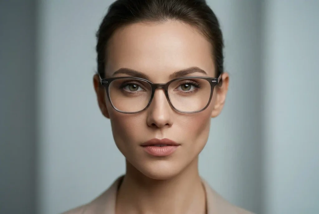 Jak dobrać okulary do trójkątnej twarzy? Trójkątny kształt i idealnie dobrane okulary Ultra-realistyczne zbliżenie portretowe modelki o twarzy trójkątnej (kształt serca), prezentujące jej naturalne proporcje: szerokie czoło, wyraźne kości policzkowe i wąski podbródek, uzupełnione przez optymalnie dobrane oprawki okularowe.