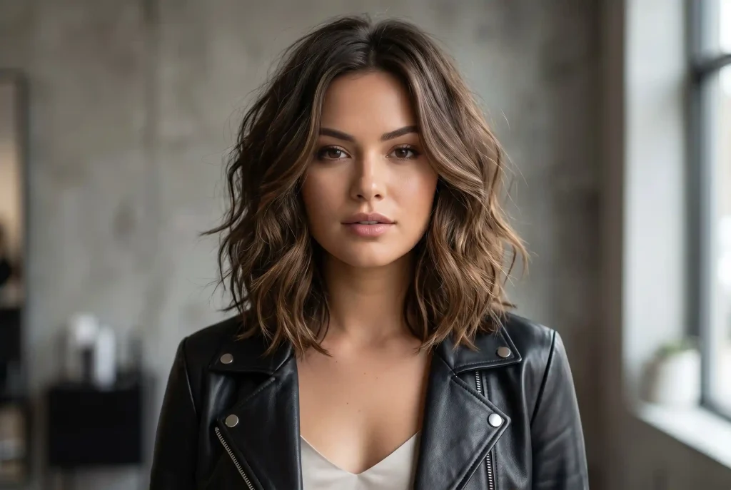 Jaka fryzura do okrągłej twarzy najlepiej wyszczupla rysy i ułatwia cięcie? Modelka o okrągłej twarzy prezentująca modną, teksturyzowaną fryzurę typu long bob ze sprężystymi falami, która kończy się przy obojczykach, ilustrując efekt wizualnego wysmuklenia opisany w artykule.