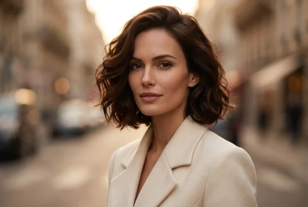 Idealna fryzura do pociągłej twarzy: Jak modne fryzury dla pociągłej twarzy optycznie skracają podłużny kształt i wyrównują proporcje Modelka o pociągłej twarzy w modnej, objętościowej fryzurze typu falowany bob, która optycznie skraca pionowe proporcje i dodaje szerokości.