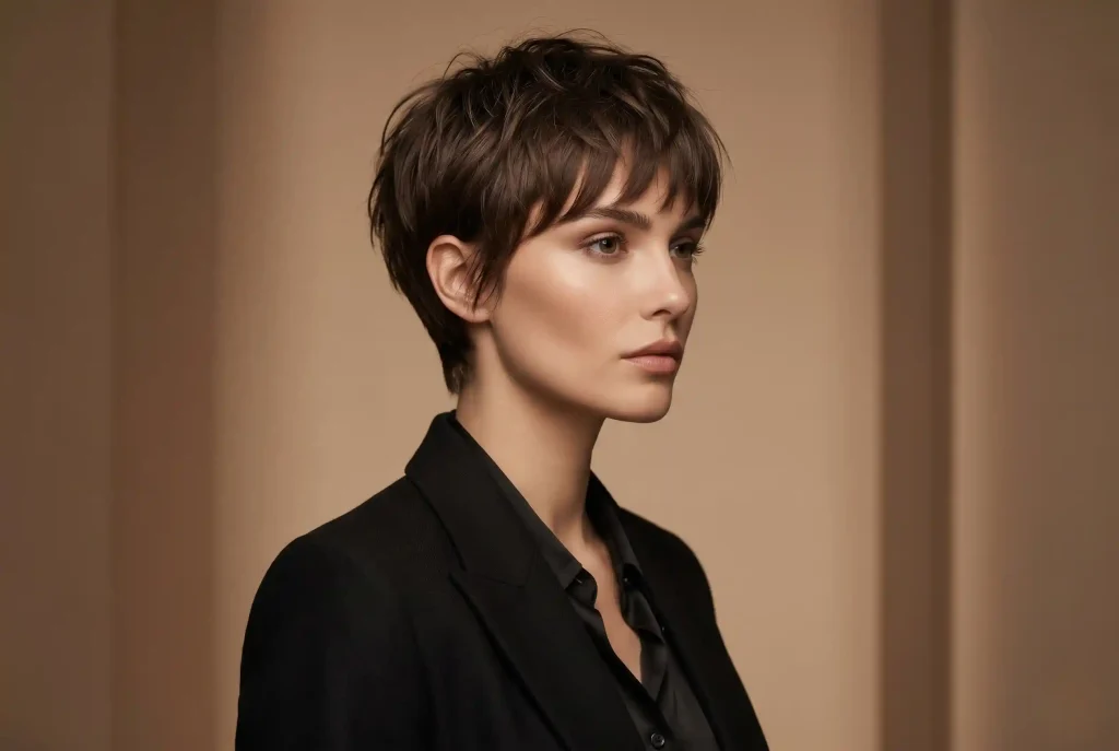 Komu pasuje grzywka? Dobierz grzywkę do kształtu twarzy – poradnik: fryzura z grzywką i cięcia dopasowane do kształtu twarzy Zbliżenie portretowe na kobietę o idealnych proporcjach twarzy owalnej, która prezentuje modną i odważną fryzurę typu pixie look z grzywką odsłaniającą oczy i kości policzkowe.