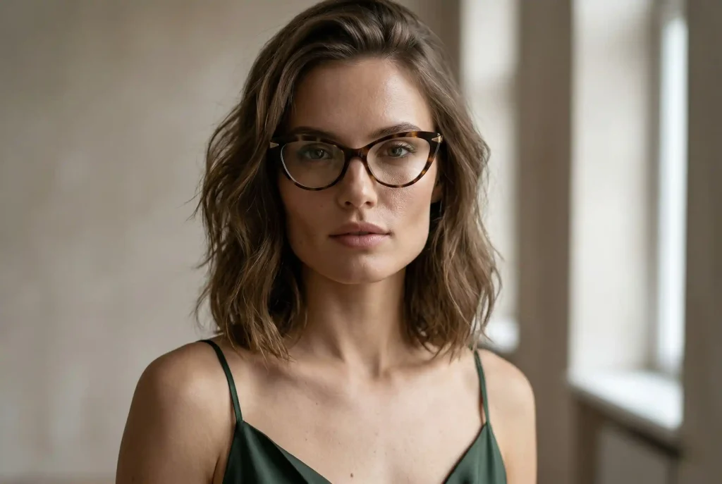 Jakie damskie okulary do twarzy kwadratowej wybrać? Podkreśl każdy atut w idealnych oprawkach! Ultra-realistyczny portret modowy modelki o kwadratowym kształcie twarzy, prezentującej zalecane modne okulary typu kocie oczy, które skutecznie optycznie unoszą rysy i łagodzą wyrazistą żuchwę.