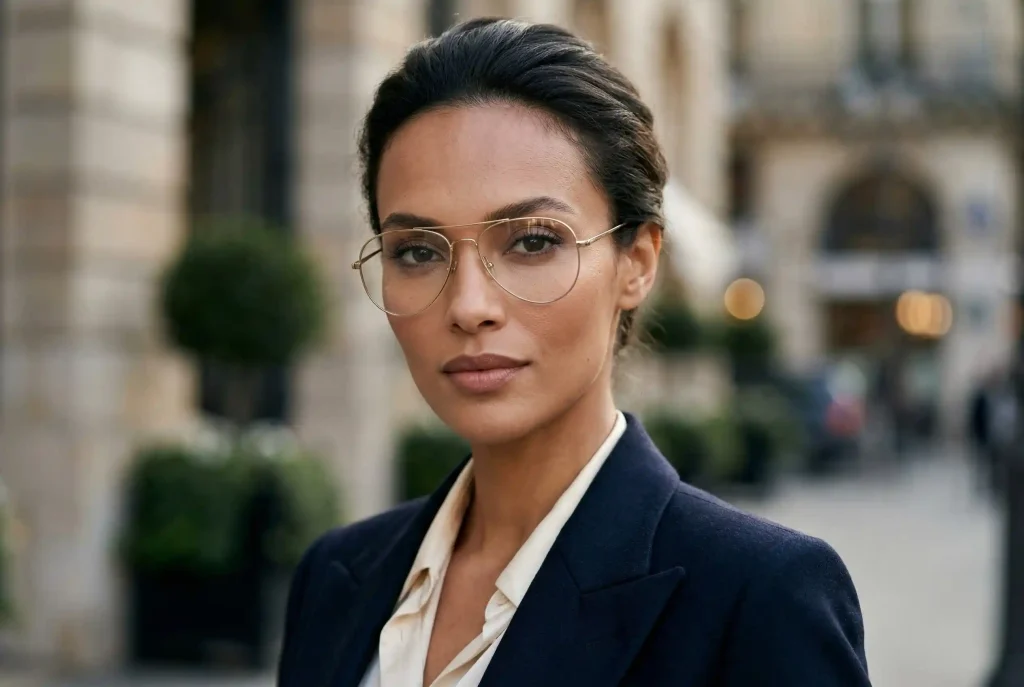 Jak dobrać okulary do twarzy w kształcie serca? Najlepsze okulary do twarzy trójkątnej (korekcyjne i przeciwsłoneczne) Kobieta o trójkątnej twarzy nosząca klasyczne okulary pilotki, które wyrównują proporcje jej rysów, co doskonale obrazuje najlepsze okulary do twarzy przypominającej serce.