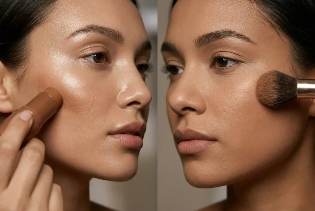 Jak wybrać odpowiedni odcień bronzera do twarzy? Dobrany bronzer pozwala konturować twarz i nakładać idealny kolor bronzera Zdjęcie porównawcze typu split-screen pokazuje aplikację kremowego bronzera w sztyfcie na nawilżoną cerę po lewej stronie oraz pudrowego, matowego bronzera na skórę o teksturze tłustej po prawej, ilustrując, jak formuła bronzera powinna być dopasowana do cery suchej lub cery tłustej.