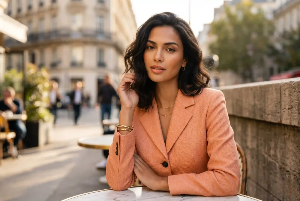 Jaki kolor pasuje do brzoskwiniowego ubrania? Z czym łączyć kolor brzoskwiniowy – najmodniejszy trend peach i stylizacja marzeń Zjawiskowa brunetka o śniadej cerze ubrana w nasycony, brzoskwiniowy żakiet, demonstrująca, jak idealnie ten kolor podkreśla ciepły typ urody.