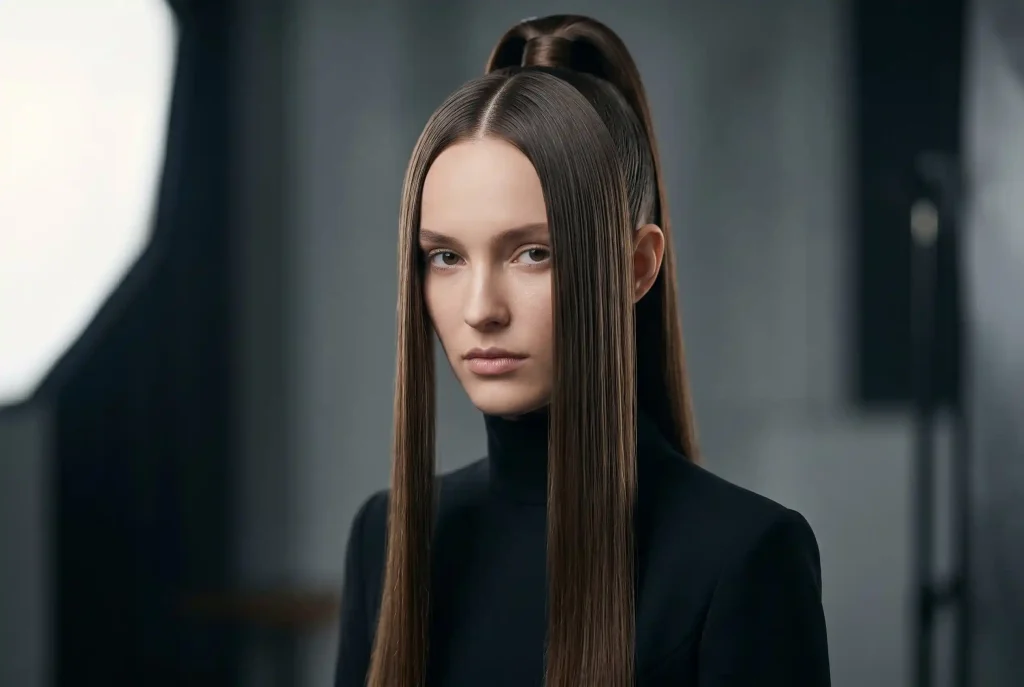 Idealna fryzura do pociągłej twarzy: Jak modne fryzury dla pociągłej twarzy optycznie skracają podłużny kształt i wyrównują proporcje Modelka o podłużnej twarzy z niekorzystnym, precyzyjnym centralnym przedziałkiem i gładkimi, prostymi, długimi włosami ściągniętymi w kucyk, co drastycznie wydłuża jej rysy twarzy i akcentuje czoło.