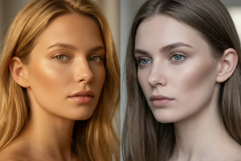 Jak wybrać odpowiedni odcień bronzera do twarzy? Dobrany bronzer pozwala konturować twarz i nakładać idealny kolor bronzera Profesjonalne zdjęcie modowe przedstawiające dwie modelki: po lewej w ciepłej złocistej tonacji makijażu, po prawej w chłodnej taupe, obrazujące, jak odpowiednio dobrany odcień bronzera zależy od profesjonalnej analizy kolorystycznej.