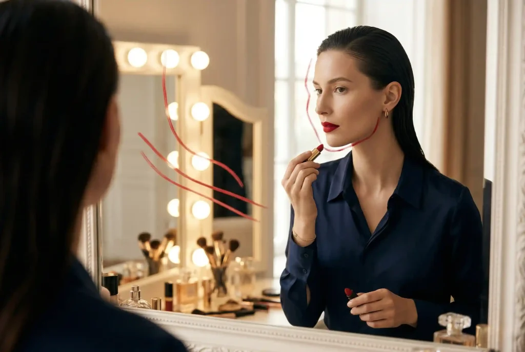 Poradnik: Jak dobrać okulary do kształtu twarzy? Najlepsze oprawki do twarzy pociągłej, trójkątnej i innych typów Kobieta z gładko zaczesanymi włosami odrysowuje szminką kontur swojej twarzy na lustrze, co stanowi pierwszy krok, aby poprawnie określić kształt twarzy i dobrać do niej odpowiednie okulary.