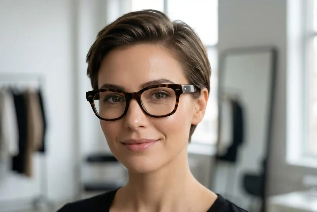 Okulary do owalnej twarzy damskie: Jak dobrać kształt oprawek, by podkreślić rysy i owalny kształt twarzy? Bliskie ujęcie uśmiechniętej kobiety z krótką fryzurą i owalną twarzą, mającej na sobie perfekcyjnie dopasowane okulary z grubymi zausznikami, których oprawki leżą precyzyjnie pod linią brwi.