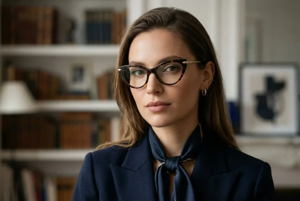 Okulary do owalnej twarzy damskie: Jak dobrać kształt oprawek, by podkreślić rysy i owalny kształt twarzy? Bliskie ujęcie twarzy kobiety o owalnym kształcie, która prezentuje modne okulary w stylu kocie oczy, idealnie podkreślające jej rysy.