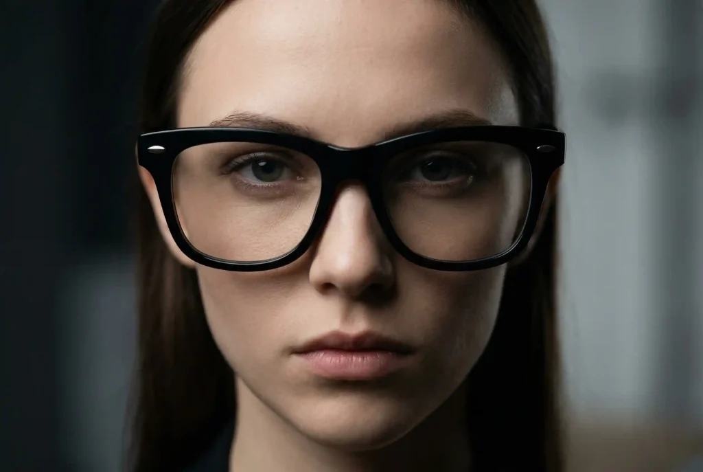 Jak dobrać okulary do twarzy w kształcie serca? Najlepsze okulary do twarzy trójkątnej (korekcyjne i przeciwsłoneczne) Bliski portret modelki o wyraźnej twarzy w kształcie serca, która nosi źle dobrane, zbyt szerokie okulary typu browline, ilustrujący fasony, których należy unikać, aby nie przytłoczyć delikatnego podbródka.