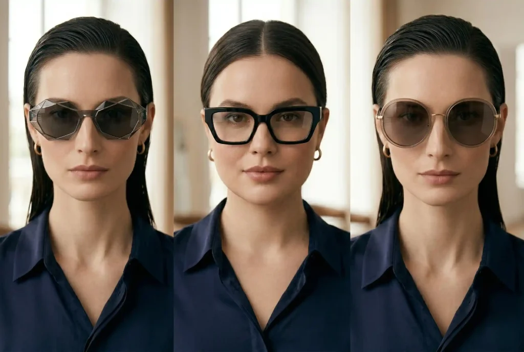 Poradnik: Jak dobrać okulary do kształtu twarzy? Najlepsze oprawki do twarzy pociągłej, trójkątnej i innych typów Kompozycja modowego triptychu pokazuje, jak dobieramy okulary dla różnych kształtów twarzy, w tym owalnej, okrągłej i kwadratowej, prezentując idealnie dopasowane oprawki na modelkach.