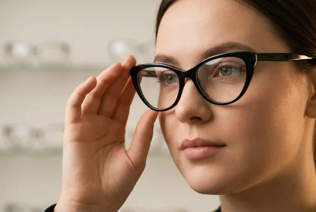 Okulary kocie oczy – komu pasują, dla kogo są i do jakiej twarzy pasują oprawki w okularach cat eye? Bliski portret kobiety o okrągłej twarzy w klasycznych czarnych okularach typu kocie oczy, ilustrujący jak prawidłowo dobrane oprawki harmonizują z pełnymi rysami, obalając mity o dopasowaniu kociego oka.