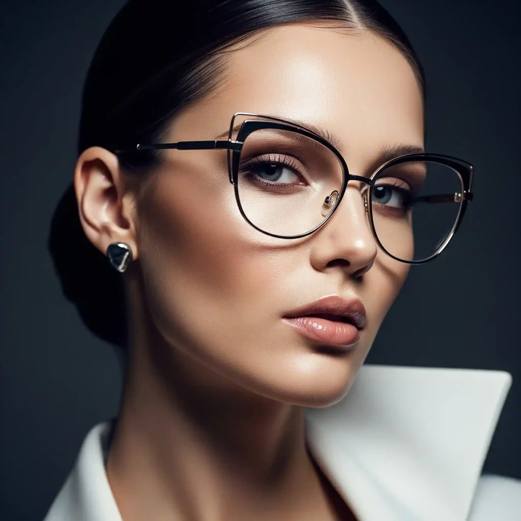 Okulary kocie oczy – komu pasują, dla kogo są i do jakiej twarzy pasują oprawki w okularach cat eye? Portret kobiety w stylowych okularach typu kocie oczy, które dzięki uniesionym krawędziom łagodzą ostre rysy twarzy i nadają jej harmonijne, rzeźbiarskie proporcje.