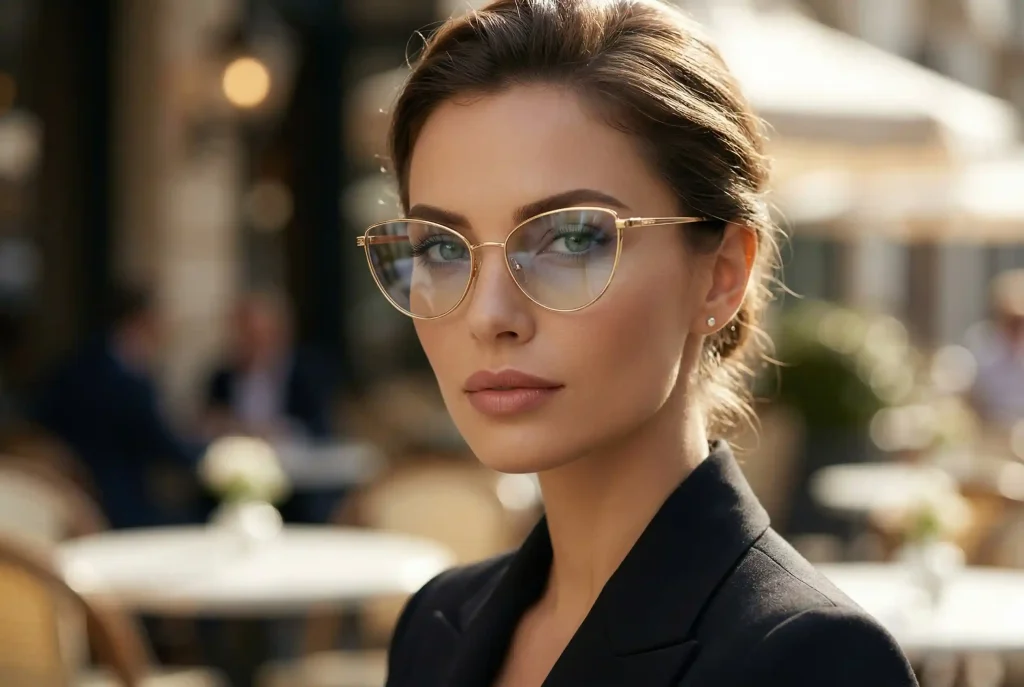 Okulary kocie oczy – komu pasują, dla kogo są i do jakiej twarzy pasują oprawki w okularach cat eye? Zbliżenie na twarz eleganckiej kobiety w stylowych, złotych oprawkach kocie oczy, które mogą być noszone jako luksusowe okulary przeciwsłoneczne, łącząc klasyczny design z ochroną wzroku i niesamowitym sznytem.