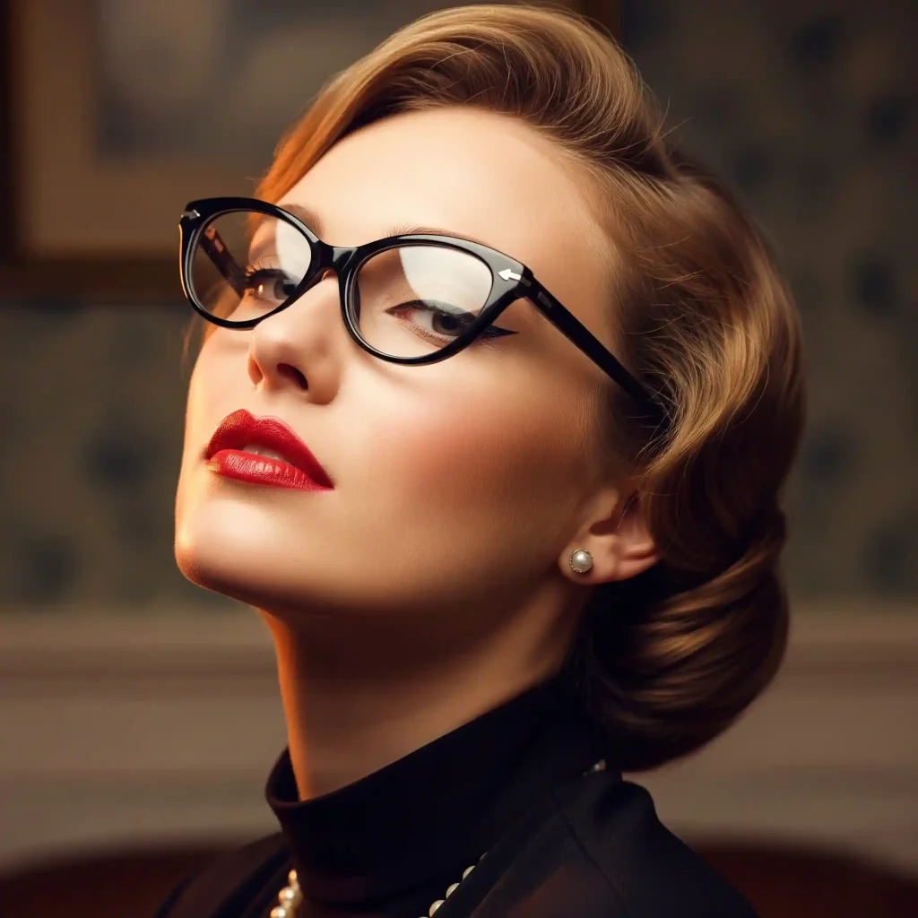 Okulary kocie oczy – komu pasują, dla kogo są i do jakiej twarzy pasują oprawki w okularach cat eye? Portret eleganckiej kobiety w kultowych okularach typu kocie oczy, perfekcyjnie oddający ponadczasowy styl vintage lat 50 i urok złotej ery Hollywood