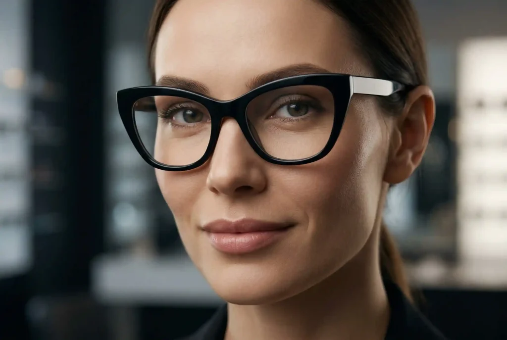 Okulary kocie oczy – komu pasują, dla kogo są i do jakiej twarzy pasują oprawki w okularach cat eye? Portret kobiety sukcesu w szerokich, doskonale dopasowanych okularach typu kocie oczy, które harmonijnie współgrają z jej wyrazistymi kośćmi policzkowymi i nie ściskają skroni.