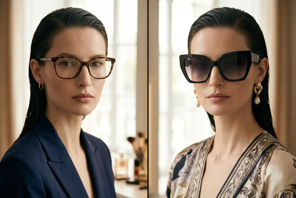 Poradnik: Jak dobrać okulary do kształtu twarzy? Najlepsze oprawki do twarzy pociągłej, trójkątnej i innych typów Dwa zestawione ze sobą portrety eleganckiej kobiety porównują okulary korekcyjne po lewej stronie z dużymi okularami przeciwsłonecznymi po prawej, ilustrując zasady ich wyboru dla twarzy pociągłej.