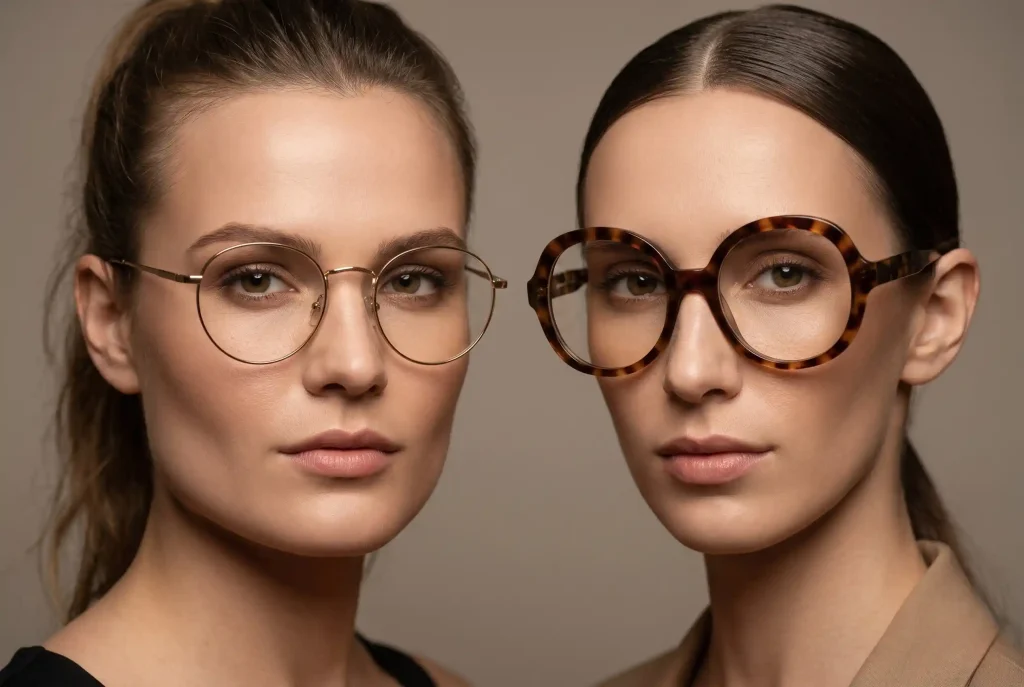 Okulary lenonki i okrągłe okulary korekcyjne – komu pasują i do jakiego kształtu twarzy dobrać okrągłe oprawki? Ułożone obok siebie portrety dwóch kobiet: jedna o kwadratowej twarzy w klasycznych metalowych lenonkach, które łagodzą jej ostre rysy, i druga o pociągłej twarzy w dużych okularach oversize, które ją optycznie skracają, ilustrujące główne korzyści tych oprawek.