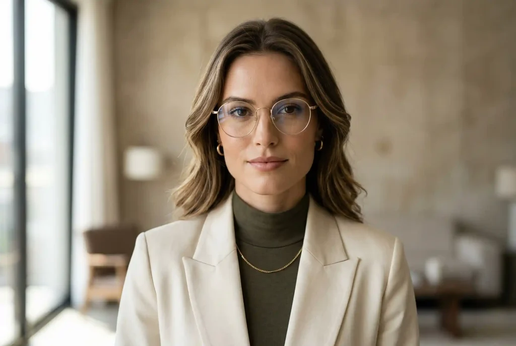 Jakie damskie okulary do twarzy kwadratowej wybrać? Podkreśl każdy atut w idealnych oprawkach! Portret kobiety o kwadratowych rysach twarzy, w dużych, zaokrąglonych oprawkach okularowych.