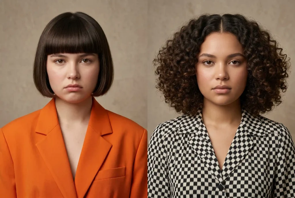 Jaka fryzura do okrągłej twarzy najlepiej wyszczupla rysy i ułatwia cięcie? Dwustronny portret studyjny dwóch kobiet na neutralnym, beżowym tle. Po lewej stronie kobieta z prostym, ciemnym bobem i grzywką, ubrana w jaskrawo pomarańczową marynarkę, patrzy w obiektyw. Po prawej stronie kobieta z gęstymi, ciemnymi kręconymi włosami, ubrana w marynarkę w czarno-białą szachownicę, również patrzy w obiektyw.