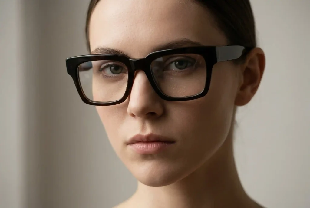 Jak dobrać okulary do trójkątnej twarzy? Trójkątny kształt i idealnie dobrane okulary Bliski portret młodej kobiety o zielonych oczach, patrzącej prosto w obiektyw. Kobieta ma na sobie wyraziste, grube, czarne oprawki okularowe o prostokątnym kształcie. Tło jest jasne i rozmyte.