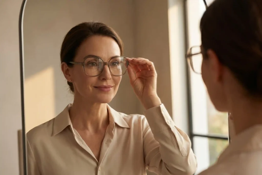 Dobór okularów do kształtu twarzy: Jak dobrać okulary oversize i idealne oprawki do twojej twarzy? Elegancka kobieta sprawdza dopasowanie okularów przed lustrem, uśmiechając się i analizując ich fizyczne położenie na twarzy.