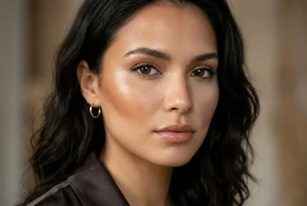 Jak wybrać odpowiedni odcień bronzera do twarzy? Dobrany bronzer pozwala konturować twarz i nakładać idealny kolor bronzera Ultra-realistyczne zdjęcie makijażu twarzy pokazujące różnicę między ciepłym odcieniem bronzera na policzku a chłodnym, szarym matem użytym do konturowania pod kością policzkową.