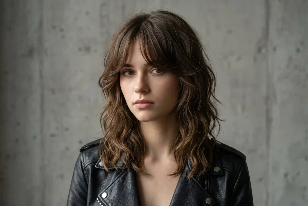 Grzywka curtain bangs – komu pasuje, jak ciąć i układać ten kształt, by optycznie modelować rysy twarzy? Ultra-realistyczny portret kobiety w rockowym stylu, prezentujący cieniowaną fryzurę shaggy hair z asymetrycznie ułożoną grzywką curtain bangs, która naturalnie faluje i dodaje objętości wokół twarzy.