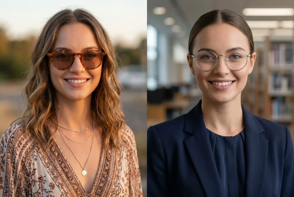 Okulary lenonki i okrągłe okulary korekcyjne – komu pasują i do jakiego kształtu twarzy dobrać okrągłe oprawki? Dwu-panelowe zdjęcie portretowe tej samej kobiety noszącej okrągłe okulary (lenonki): po lewej w stylu boho z lekko przyciemnianymi szkłami i długą sukienką, a po prawej w biznesowej stylizacji ze srebrnymi oprawkami i marynarką.