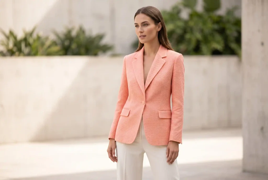 Jaki kolor pasuje do brzoskwiniowego ubrania? Z czym łączyć kolor brzoskwiniowy – najmodniejszy trend peach i stylizacja marzeń Modelka w profesjonalnej stylizacji prezentuje modny, brzoskwiniowy żakiet, pokazując nowoczesne podejście do łączenia kolorów w modzie biurowej i codziennej.
