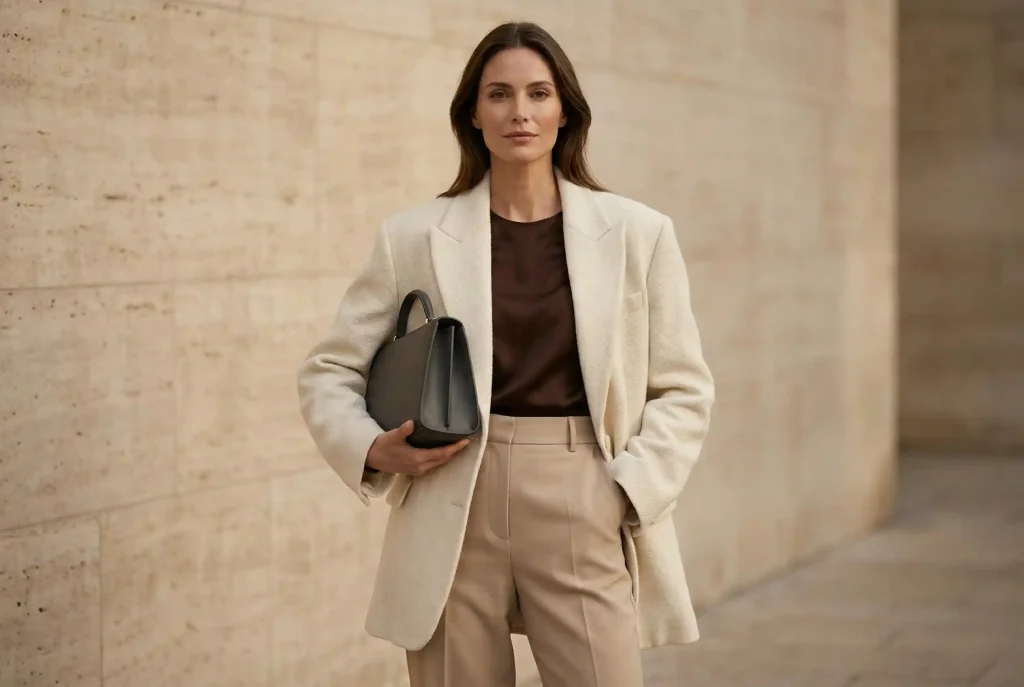 Jaki kolor pasuje do kremowego? Elegancja, stylizacja ubrań, dodatki – z czym łączyć ten kolor Zbliżenie na elegancką stylizację w duchu quiet luxury, przedstawiającą oversize'owy kremowy blazer połączony z czekoladowym topem i beżowymi spodniami, ilustrujące jakie kolory neutralne pasują do kremowego.