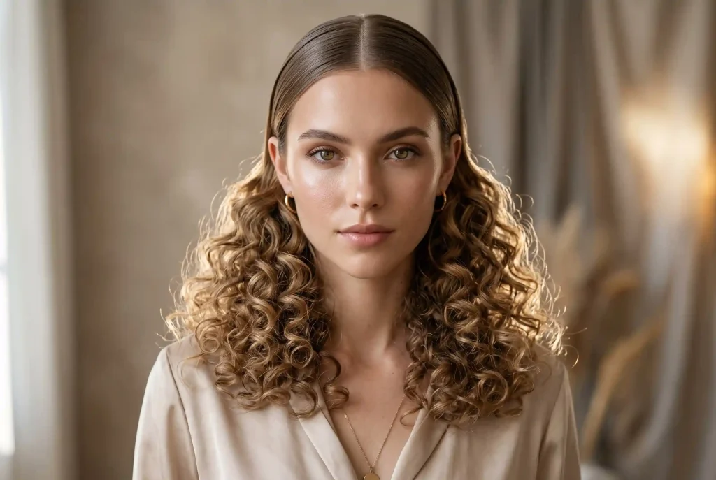 Idealna fryzura: Jak dobrać fryzurę do kształtu twarzy, gdy interesuje cię twarz w kształcie serca? Portret kobiety o twarzy w kształcie serca, u której odpowiednia stylizacja i tekstura w postaci miękkich loków na wysokości obojczyków budują pożądaną objętość wokół brody.