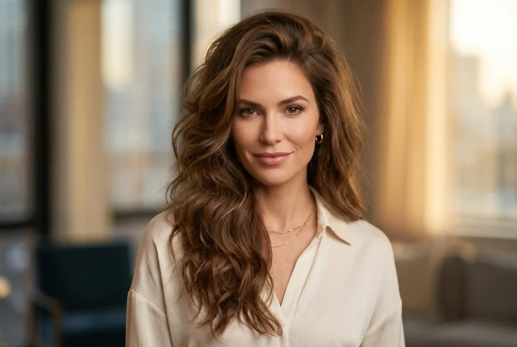 Idealna fryzura do pociągłej twarzy: Jak modne fryzury dla pociągłej twarzy optycznie skracają podłużny kształt i wyrównują proporcje Zjawiskowa stylizacja włosów o dużej objętości, nonszalancko przerzuconych na jedno ramię, która miękkimi falami otula policzki pociągłej twarzy, optycznie skracając jej proporcje i nadając harmonii.