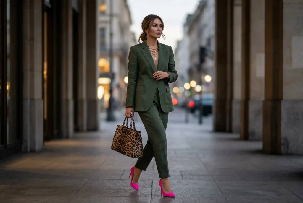 Jaki kolor pasuje do zgniłej zieleni? Stylizacja w modzie. Odkryj, jak połączyć ten odcień z inną zielenią! Ultra-realistyczne zdjęcie modowe przedstawiające kobietę w eleganckim ciemnozielonym garniturze w odcieniu zgniłej zieleni, który stanowi stonowane tło dla wyrazistych dodatków: neonowych szpilek w kolorze fuksji i torebki ze zwierzęcym wzorem w panterkę.