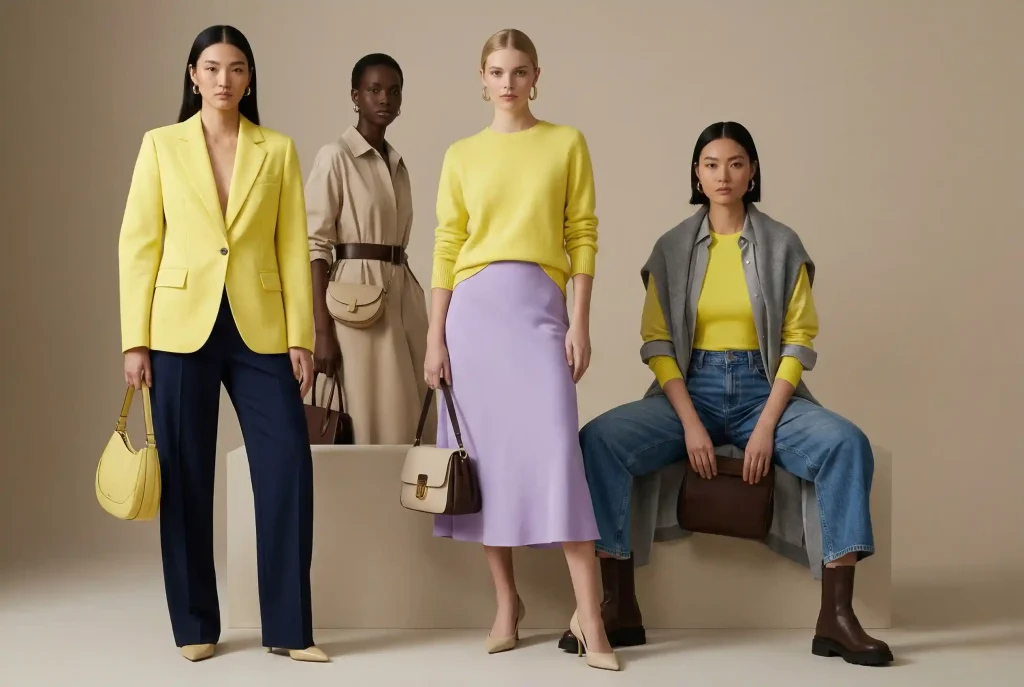 Jaki kolor pasuje do cytrynowego? Jak nosić i z czym go łączyć w modzie: energetyczny kolor cytrynowy z innymi kolorami – idealna stylizacja i odcień Modelki w profesjonalnej sesji modowej prezentują różnorodne stylizacje łączące energetyczny kolor cytrynowy z kontrastującymi barwami jak granat, fiolet i denim, ilustrując zasady dobierania kolorów.