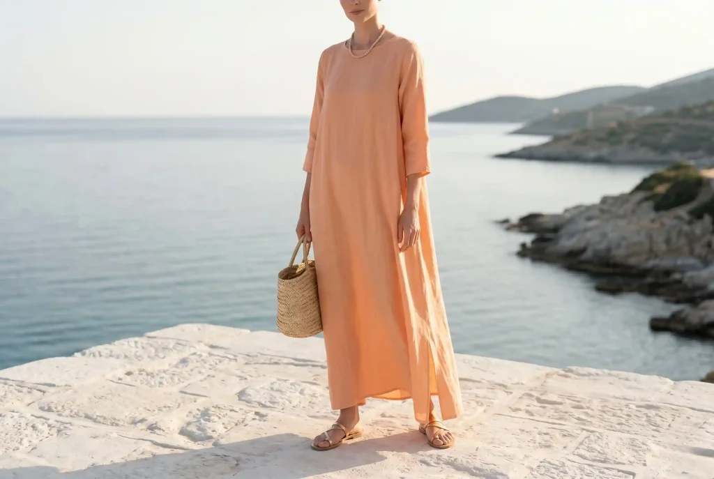 Jaki kolor pasuje do brzoskwiniowego ubrania? Z czym łączyć kolor brzoskwiniowy – najmodniejszy trend peach i stylizacja marzeń Elegancka kobieta prezentuje letnią stylizację z brzoskwiniową sukienką maxi w rolach głównych, zestawioną ze złotymi sandałami i beżowymi dodatkami na słonecznym tarasie.