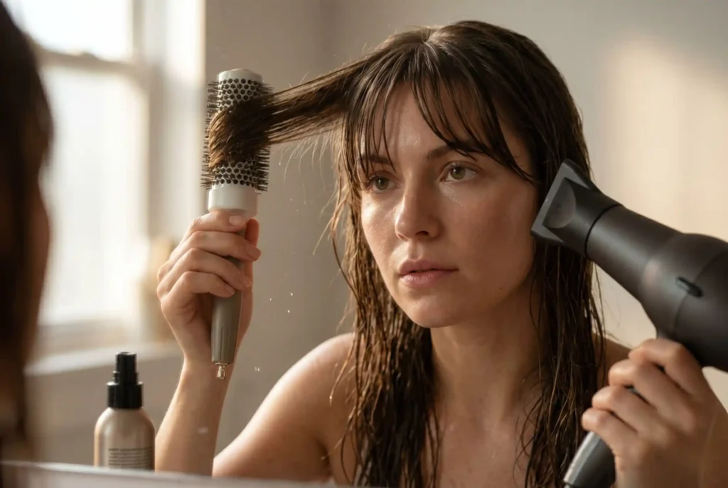 Grzywka curtain bangs – komu pasuje, jak ciąć i układać ten kształt, by optycznie modelować rysy twarzy? Kobieta skupiona na odbiciu w lustrze nawija pasmo grzywki curtain bangs na okrągłą szczotkę i trzyma je chłodząc, aby nadać fryzurze pożądaną, pełną objętość.