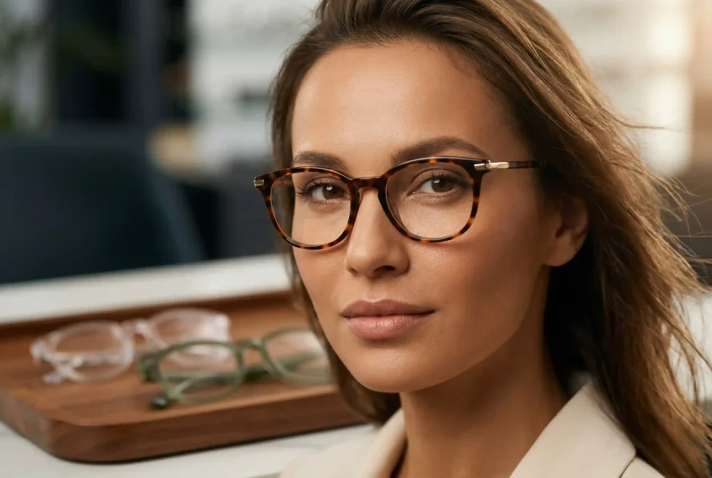 Okulary do owalnej twarzy damskie: Jak dobrać kształt oprawek, by podkreślić rysy i owalny kształt twarzy? Portret kobiety z owalną twarzą i ciepłą karnacją, która ma na sobie stylowe szylkretowe oprawki, idealnie dopasowane do jej typu urody, na tle rozmytej tacy z innymi okularami.