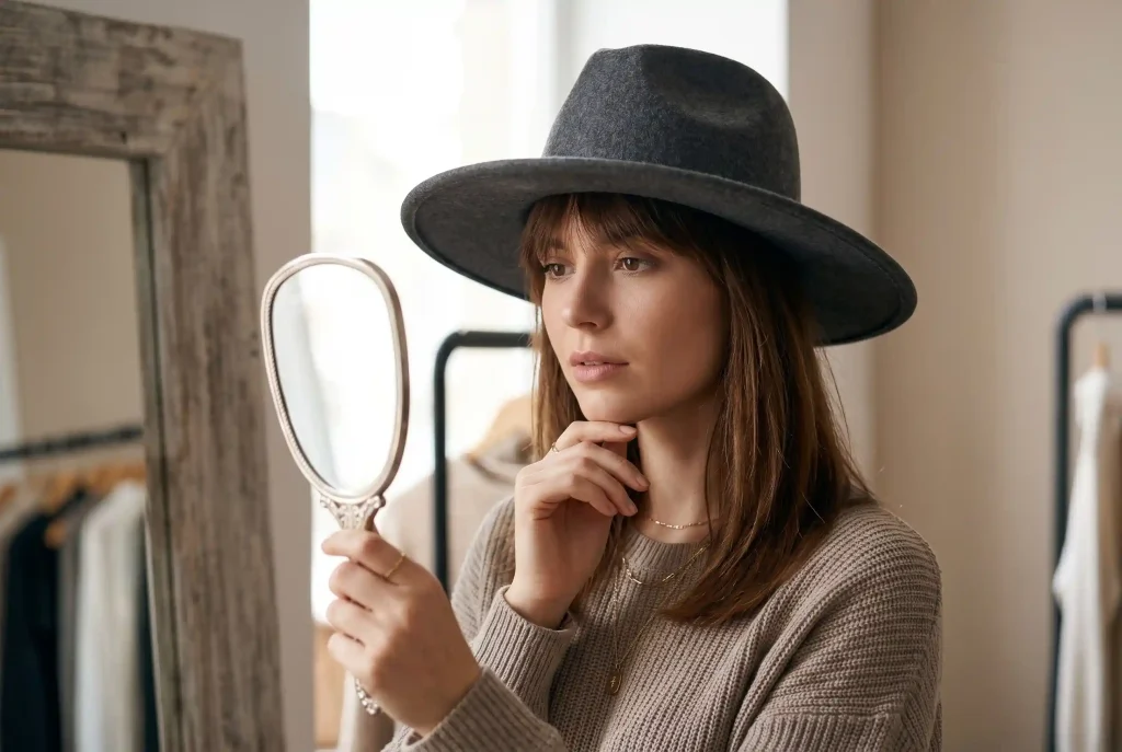 Komu pasuje grzywka? Dobierz grzywkę do kształtu twarzy – poradnik: fryzura z grzywką i cięcia dopasowane do kształtu twarzy Młoda kobieta o brązowych włosach, w stylowym kapeluszu zakrywającym czoło, analizuje w lustrze, jak ten optyczny efekt wpływa na dobór idealnej grzywki do kształtu jej twarzy.