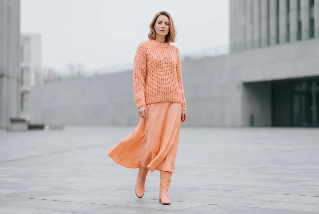 Jaki kolor pasuje do brzoskwiniowego ubrania? Z czym łączyć kolor brzoskwiniowy – najmodniejszy trend peach i stylizacja marzeń Modelka prezentuje najmodniejszy brzoskwiniowy total look, łącząc gruby sweter z lekką spódnicą, co stanowi idealną odpowiedź na pytanie, z czym łączyć ten kolor w tym sezonie.