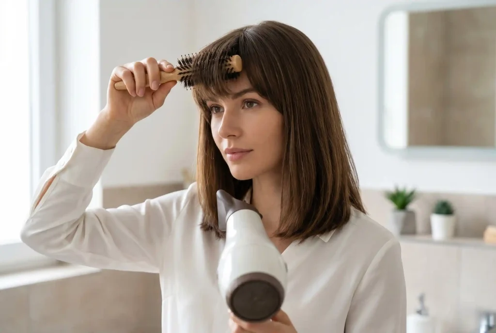 Komu pasuje grzywka? Dobierz grzywkę do kształtu twarzy – poradnik: fryzura z grzywką i cięcia dopasowane do kształtu twarzy Ultra-realistyczne zbliżenie portretowe na kobietę z modną fryzurą typu bob i grzywką, która używa okrągłej szczotki i suszarki do codziennego układania włosów.