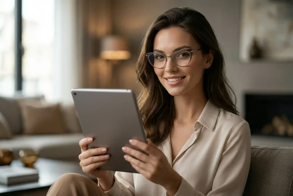 Jak dobrać okulary do twarzy w kształcie serca? Najlepsze okulary do twarzy trójkątnej (korekcyjne i przeciwsłoneczne) Zbliżenie na kobietę o twarzy w kształcie odwróconego trójkąta (serca), która siedząc w przytulnym salonie, używa aplikacji wirtualna przymierzalnia na tablecie, aby przymierzyć modne okulary i znaleźć swój ideał online w dobrej cenie.