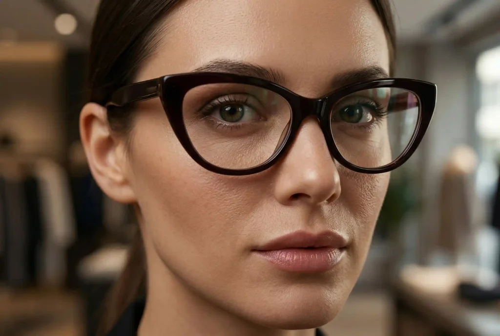 Okulary kocie oczy – komu pasują, dla kogo są i do jakiej twarzy pasują oprawki w okularach cat eye? Bliski portret kobiety w głębokich, ciemnych okularach kocie oczy, ilustrujący, jak ten fason nadaje twarzy wyrazistości i zapewnia perfekcyjne podkreślenie spojrzenia.