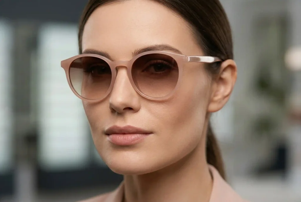 Jakie damskie okulary do twarzy kwadratowej wybrać? Podkreśl każdy atut w idealnych oprawkach! Merytoryczne zbliżenie portretowe kobiety o kwadratowym kształcie twarzy, noszącej jasne, zaokrąglone oprawki w odcieniu nude ze szkłami ombre, ilustrujące idealny dobór okularów łagodzących rysy.