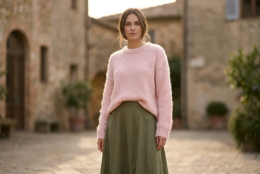 Jaki kolor pasuje do zgniłej zieleni? Stylizacja w modzie. Odkryj, jak połączyć ten odcień z inną zielenią! Ultra-realistyczne zdjęcie modowe przedstawiające kobietę w puszystym, jasnoróżowym swetrze i oliwkowej spódnicy midi, pokazujące jak doskonale pudrowy róż dopełnia zgniłą zieleń, nadając jej lekkości.