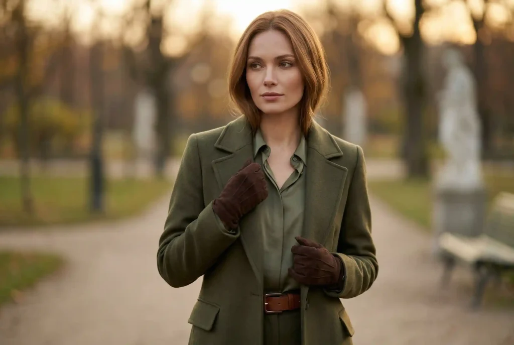 Jaki kolor pasuje do zgniłej zieleni? Stylizacja w modzie. Odkryj, jak połączyć ten odcień z inną zielenią! Ultra-realistyczne zdjęcie modowe przedstawiające kobietę o typie urody zgaszona jesień w eleganckiej stylizacji total look w odcieniach zgniłej zieleni, uzupełnionej o miękkie, brązowe dodatki z zamszu.