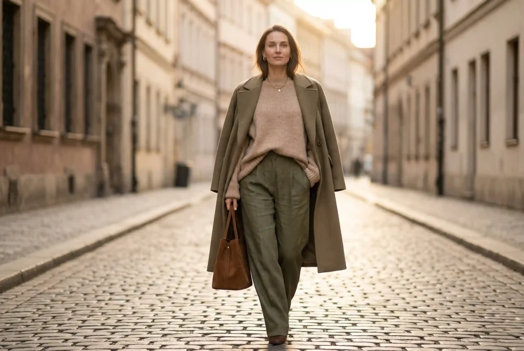 Jaki kolor pasuje do zgniłej zieleni? Stylizacja w modzie. Odkryj, jak połączyć ten odcień z inną zielenią! Elegancka kobieta w stylizacji łączącej spodnie w kolorze zgniłej zieleni z beżowym swetrem i płaszczem khaki, prezentująca harmonijne barwy ziemi na co dzień.