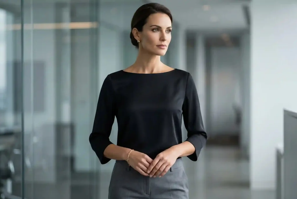 Dekolt łódka — komu pasuje i jak go stylizować? Elegancka biznesowa stylizacja z gładką czarną bluzką z dekoltem w łódkę i rękawem 3/4 zestawioną z dopasowanymi cygaretkami w nowoczesnym biurze.
